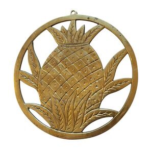 Vtg Trivet Solid Brass Pineapple 7.5" Pot Round‎ Kitchen Home Wall Decor Hanging